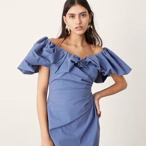ASOS EDITION off the shoulder ruched puff sleeve maxi dress in blue